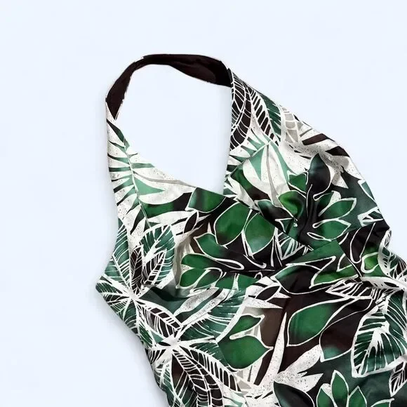 Tropical Leaf Halter Dress | Green White Black | Size 8P | Jones New York - Picture 4 of 7
